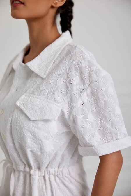 Buy_Pallavi Kandoi_White Cotton Collared Self Patterned Playsuit _Online_at_Aza_Fashions