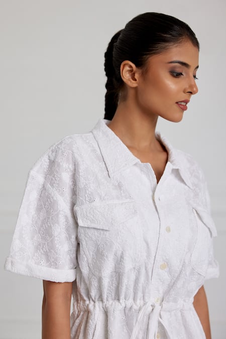 Shop_Pallavi Kandoi_White Cotton Collared Self Patterned Playsuit _Online_at_Aza_Fashions