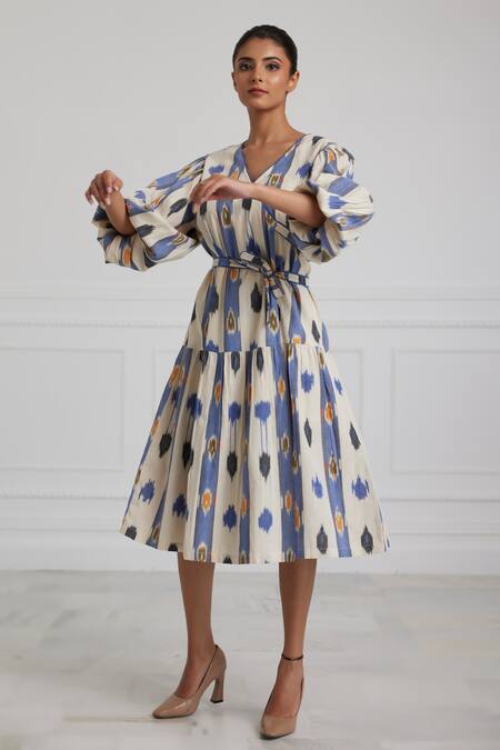 Pallavi Kandoi Blue Cotton V-neck Ikat Weave Wrap Over Dress Online at Aza Fashions Pallavi Kandoi_Blue Cotton V-neck Ikat Weave Wrap Over Dress _Online_at_Aza_Fashions