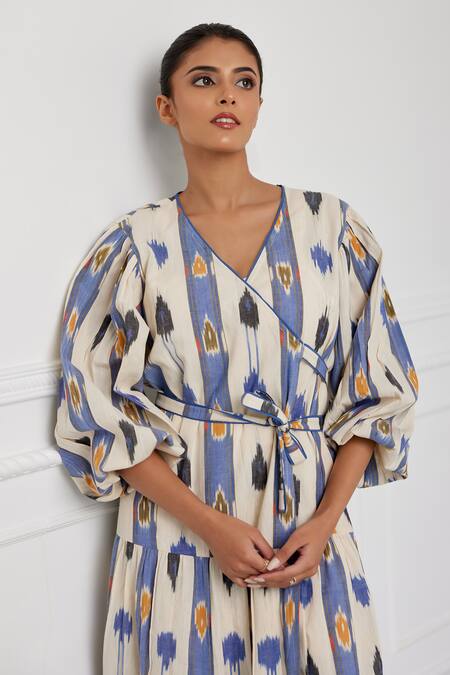 Buy Pallavi Kandoi Blue Cotton V-neck Ikat Weave Wrap Over Dress Online at Aza Fashions Buy_Pallavi Kandoi_Blue Cotton V-neck Ikat Weave Wrap Over Dress _Online_at_Aza_Fashions