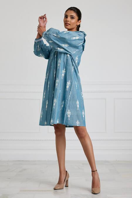 Pallavi Kandoi_Blue Cotton Round Neck Pleated Laced Dress _Online_at_Aza_Fashions