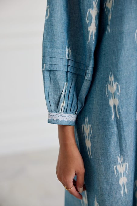 Buy_Pallavi Kandoi_Blue Cotton Round Neck Pleated Laced Dress _Online_at_Aza_Fashions