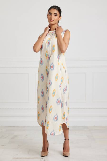 Pallavi Kandoi Yellow Cotton Round Neck Asymmetric Ikat Midi Dress Online at Aza Fashions Pallavi Kandoi_Yellow Cotton Round Neck Asymmetric Ikat Midi Dress _Online_at_Aza_Fashions