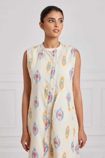 Buy Pallavi Kandoi Yellow Cotton Round Neck Asymmetric Ikat Midi Dress Online at Aza Fashions Buy_Pallavi Kandoi_Yellow Cotton Round Neck Asymmetric Ikat Midi Dress _Online_at_Aza_Fashions