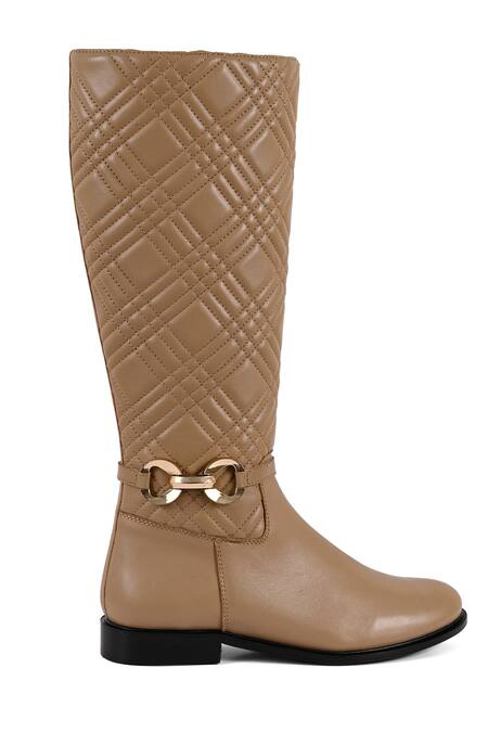 Vanilla Moon_Beige Bows Pearl Quilted Pattern Long Boots_Online_at_Aza_Fashions