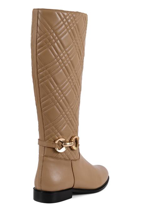 Buy_Vanilla Moon_Beige Bows Pearl Quilted Pattern Long Boots_Online_at_Aza_Fashions