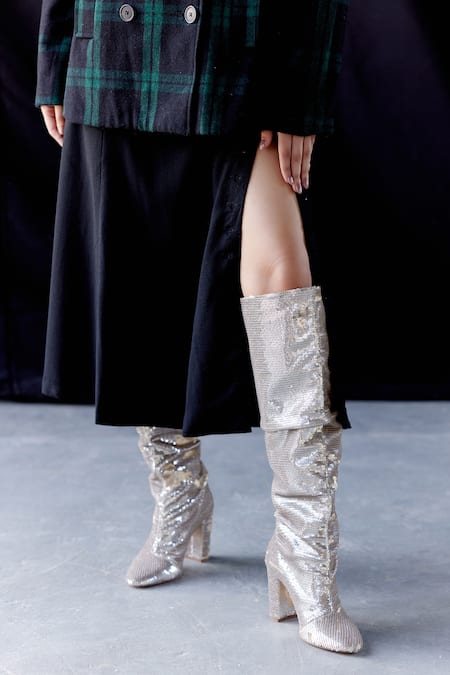 Vanilla Moon Gold Sequin Embroidered Millie Metallic Ruched Long Boots