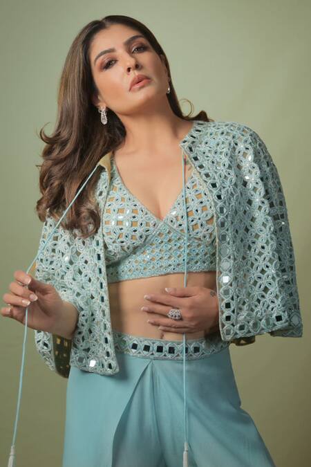 Buy Surily G Blue Pure Crepe Embroidery Bloom Mirror Jaal Mandarin Collar Cape Online at Aza Fashions Buy_Surily G_Blue Pure Crepe Embroidery Bloom Mirror Jaal Mandarin Collar Cape _Online_at_Aza_Fashions