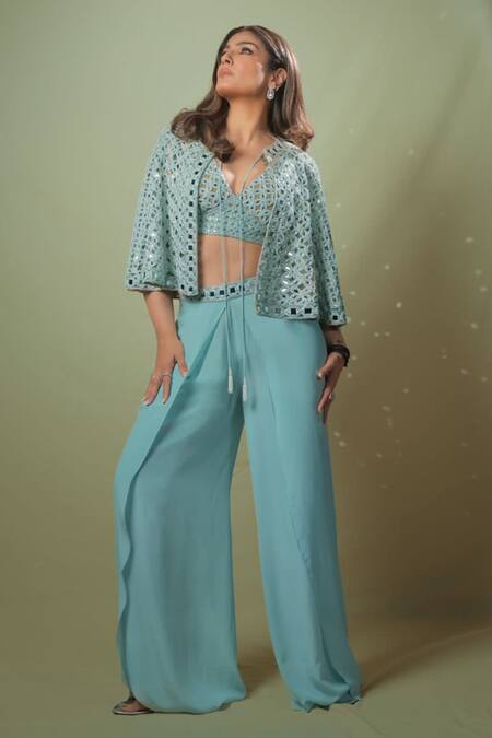 Shop_Surily G_Blue Pure Crepe Mirror Embroidered Waistband Flared Pant  _at_Aza_Fashions