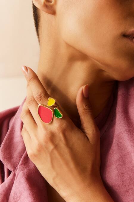 Voyce Jewellery_Pink Embroidery Byron Bay Enameled Open Ring _Online_at_Aza_Fashions