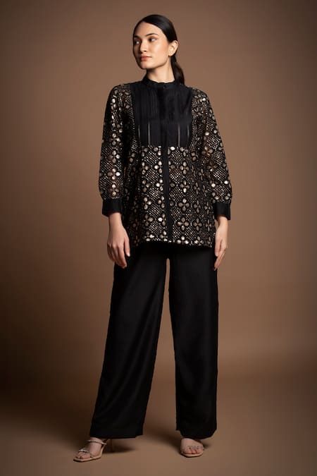 Buy Black Silk Chanderi Embroidered Sequins Band Collar Tunic Pant Set ...