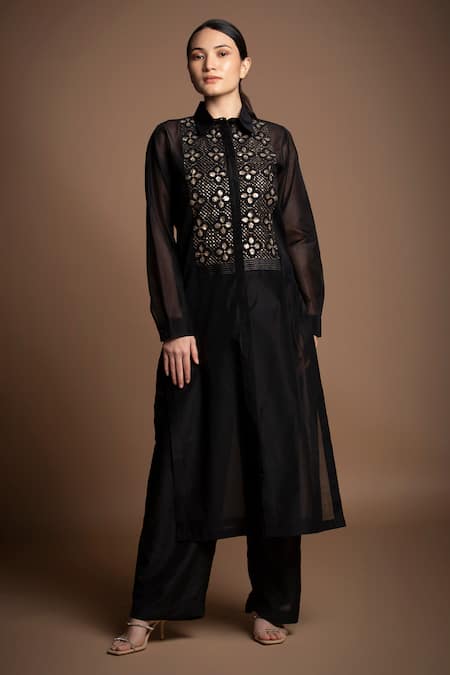 House of Manaa Black Silk Chanderi Embroidered Sequins Collar Yoke Hand Long Tunic Pant Set 