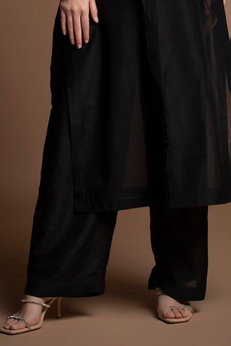 House Of Manaa_Black Silk, Chanderi Sequins Collared Yoke Hand Embroidered Long Tunic Pant Set_Online_at_Aza_Fashions