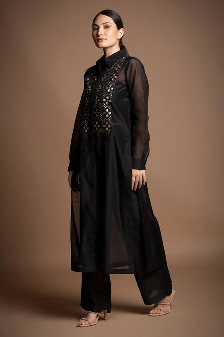 Buy_House Of Manaa_Black Silk, Chanderi Sequins Collared Yoke Hand Embroidered Long Tunic Pant Set_Online_at_Aza_Fashions