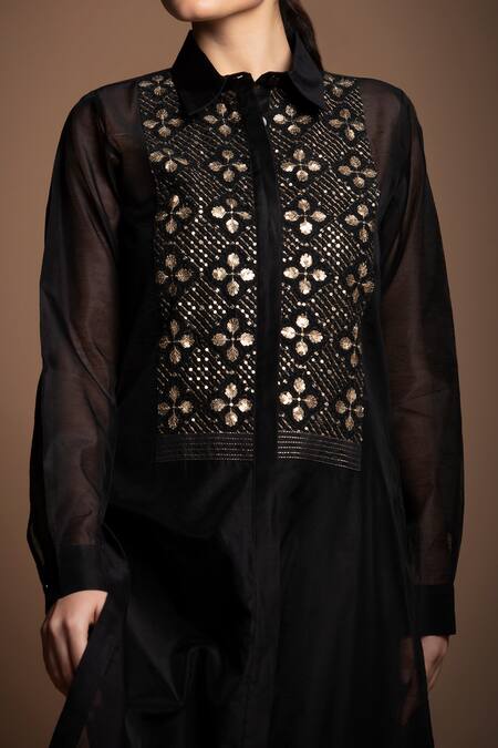 Shop_House Of Manaa_Black Silk, Chanderi Sequins Collared Yoke Hand Embroidered Long Tunic Pant Set_Online_at_Aza_Fashions
