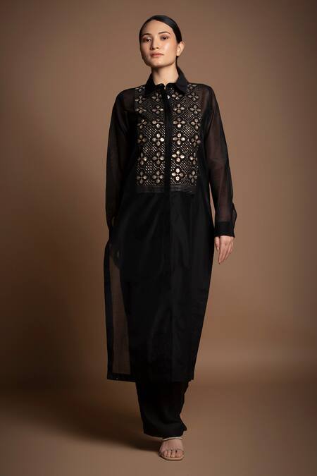 House Of Manaa_Black Silk, Chanderi Sequins Collared Yoke Hand Embroidered Long Tunic Pant Set_at_Aza_Fashions