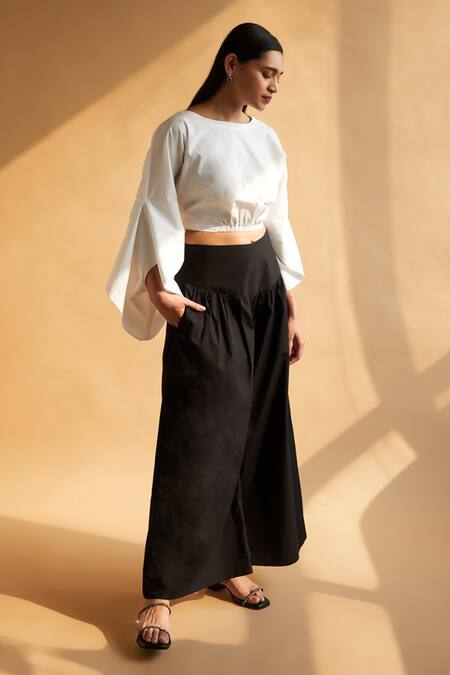Buy_House Of Manaa_White Cotton Boat Neck Flared Sleeve Crop Top And Palazzo Set_Online_at_Aza_Fashions