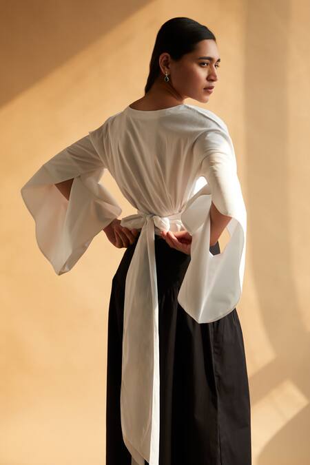 House Of Manaa_White Cotton Boat Neck Flared Sleeve Crop Top And Palazzo Set_at_Aza_Fashions