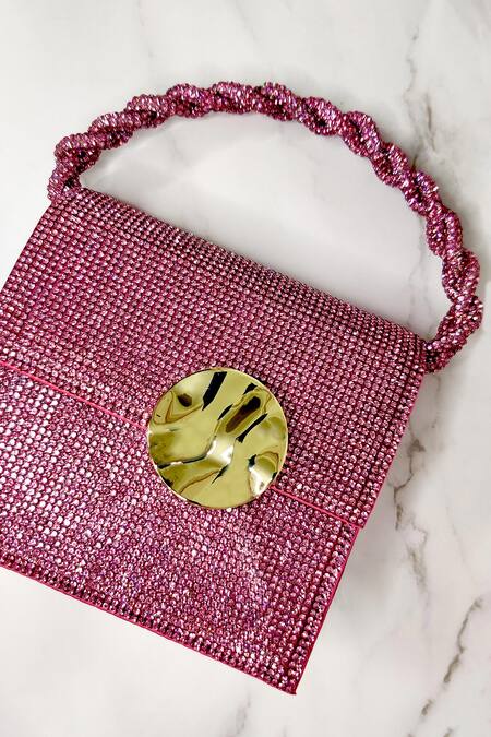 X Feet Above_Pink Rhinestones Bijoux Embellished Structured Mini Bag _Online_at_Aza_Fashions