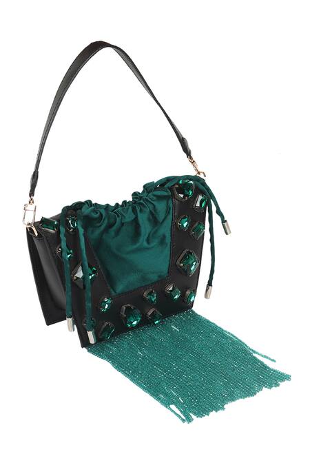 X Feet Above_Emerald Green Crystals, Beads Trapeze Embellished Bag _Online_at_Aza_Fashions