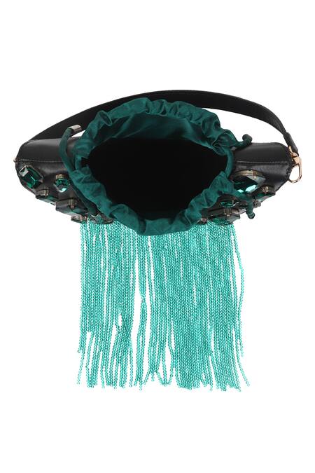 Buy_X Feet Above_Emerald Green Crystals, Beads Trapeze Embellished Bag _Online_at_Aza_Fashions