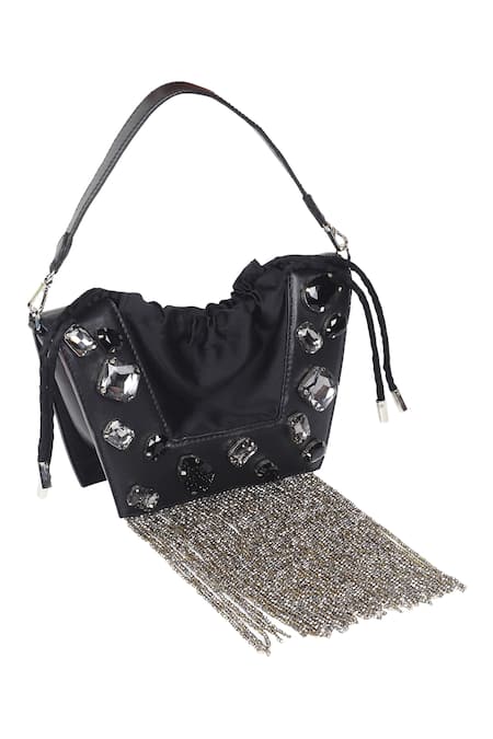 X Feet Above_Black Crystals, Beads Trapeze Tassel Embellished Bag _Online_at_Aza_Fashions