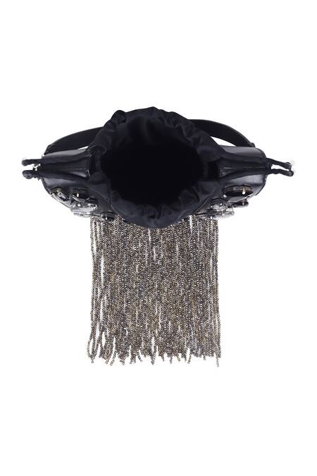 Buy_X Feet Above_Black Crystals, Beads Trapeze Tassel Embellished Bag _Online_at_Aza_Fashions