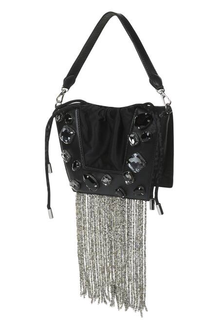 Shop_X Feet Above_Black Crystals, Beads Trapeze Tassel Embellished Bag _Online_at_Aza_Fashions