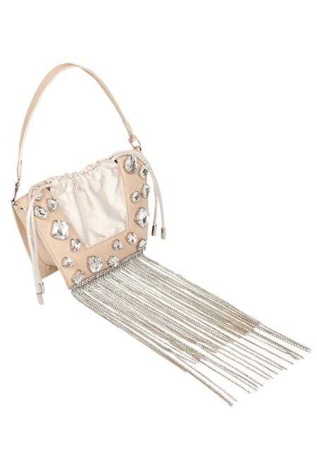 X Feet Above_White Rhinestones, Tassels Trapeze Embellished Bag _Online_at_Aza_Fashions