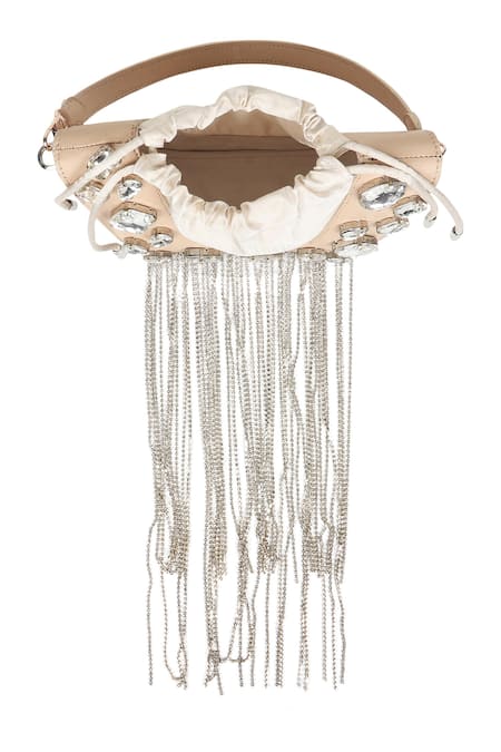 Buy_X Feet Above_White Rhinestones, Tassels Trapeze Embellished Bag _Online_at_Aza_Fashions