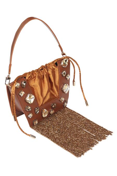 X Feet Above_Brown Crystals, Tassels Trapeze Embellished Bag _Online_at_Aza_Fashions