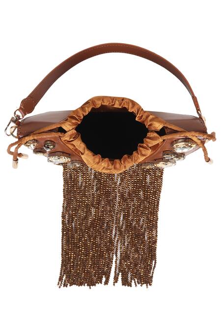 Buy_X Feet Above_Brown Crystals, Tassels Trapeze Embellished Bag _Online_at_Aza_Fashions
