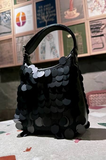 X Feet Above_Black Sequins Sequa Embellished Leather Bag _Online_at_Aza_Fashions