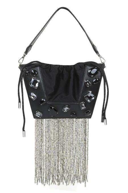 X Feet Above_Black Crystals, Beads Trapeze Tassel Embellished Bag _at_Aza_Fashions