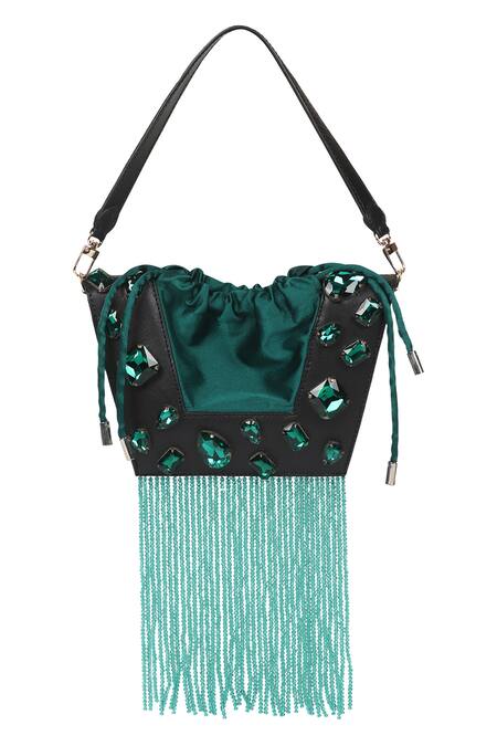 Shop_X Feet Above_Emerald Green Crystals, Beads Trapeze Embellished Bag _Online_at_Aza_Fashions