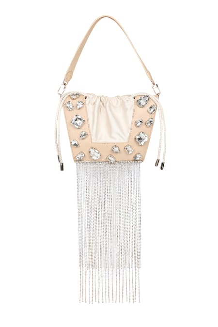 Shop_X Feet Above_White Rhinestones, Tassels Trapeze Embellished Bag _Online_at_Aza_Fashions