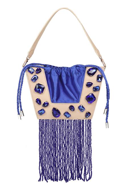 Shop_X Feet Above_Blue Beads, Crystals Trapeze Studded Bag _Online_at_Aza_Fashions