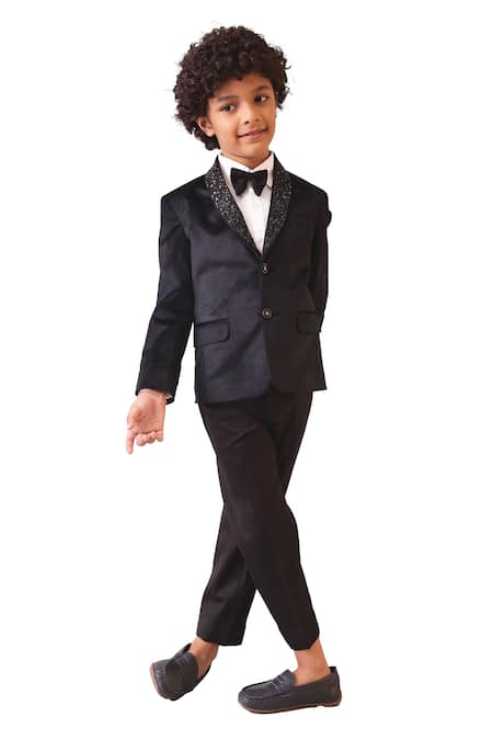 Shop Partykles Black Velvet Sequins Placket Embroidered Tuxedo Set at Aza Fashions Shop_Partykles_Black Velvet Sequins Placket Embroidered Tuxedo Set _at_Aza_Fashions