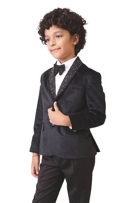 Partykles Black Velvet Sequins Placket Embroidered Tuxedo Set Online at Aza Fashions Partykles_Black Velvet Sequins Placket Embroidered Tuxedo Set _Online_at_Aza_Fashions