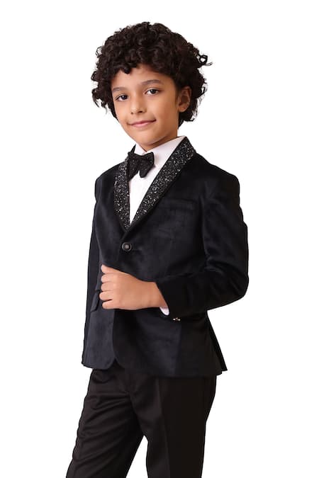 Buy Partykles Black Velvet Sequins Placket Embroidered Tuxedo Set Online at Aza Fashions Buy_Partykles_Black Velvet Sequins Placket Embroidered Tuxedo Set _Online_at_Aza_Fashions