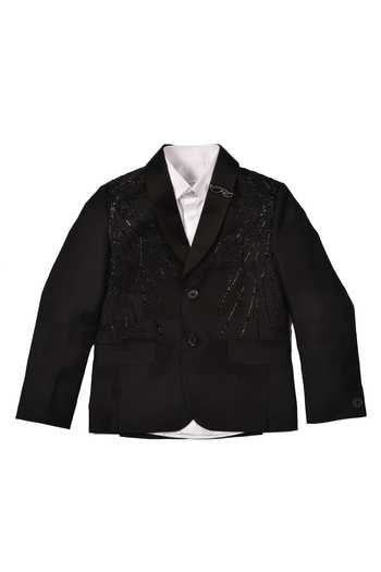 Partykles_Black Cotton Embroidery Cutdana Tuxedo Set _Online_at_Aza_Fashions