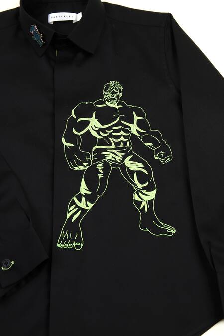 Partykles_Black Cotton Satin Embroidery Hulk Placement Shirt _Online_at_Aza_Fashions
