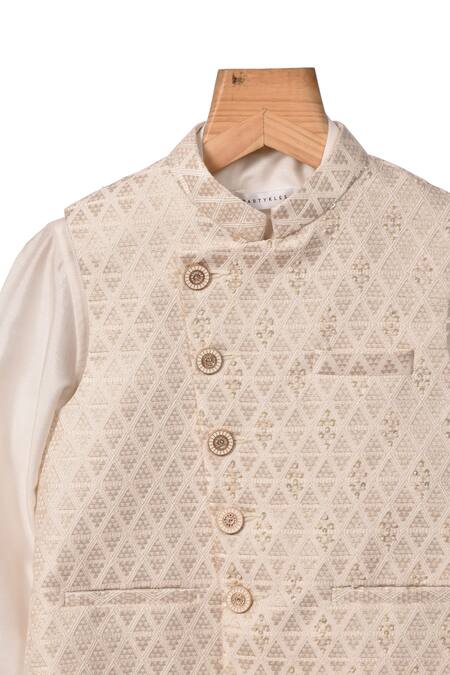 Partykles_Ivory Polyester, Silk Checkered Woven Bundi And Kurta Set _Online_at_Aza_Fashions