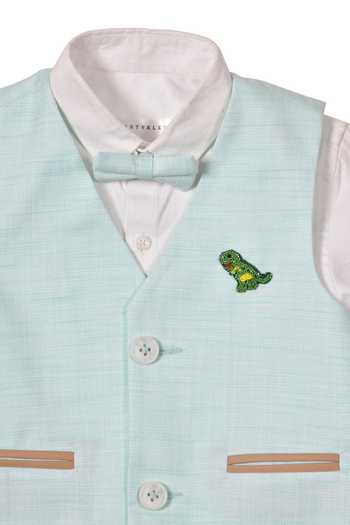 Partykles_White Linen Embroidery, Cut Work Sea Green Waistcoat And Shirt Set _Online_at_Aza_Fashions