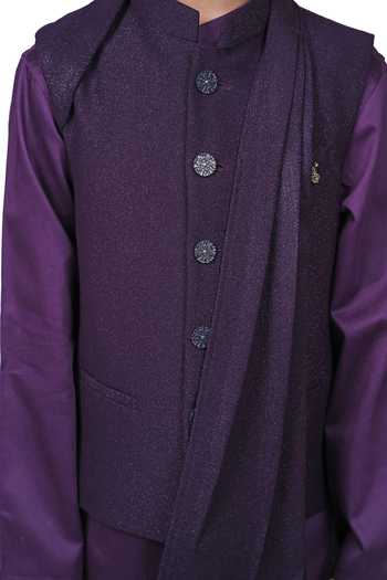 Partykles_Wine Cotton Satin Shimmer Bundi And Kurta Set _Online_at_Aza_Fashions