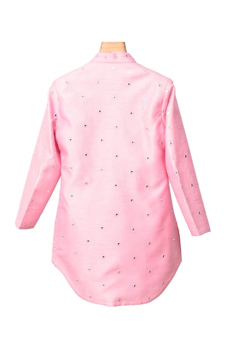 Shop_Partykles_Pink Cotton Mirrors Work Achkan And Bundi Set _at_Aza_Fashions