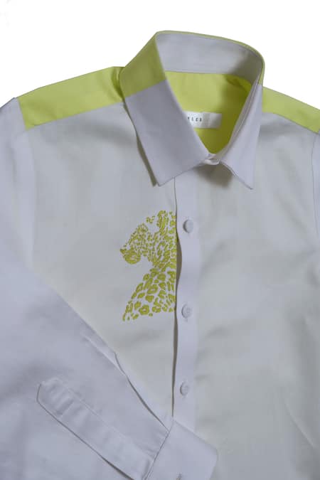 Partykles_White Cotton Satin Embroidery Cheetah Placement Shirt _Online_at_Aza_Fashions
