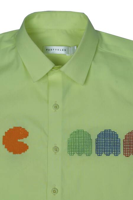 Partykles Green Cotton Satin Embroidery Stitchline Thread Placement Shirt Online at Aza Fashions Partykles_Green Cotton Satin Embroidery Stitchline Thread Placement Shirt _Online_at_Aza_Fashions