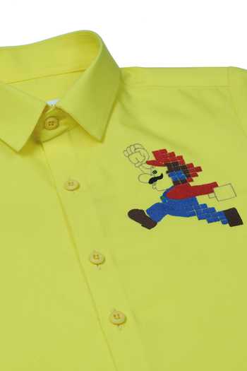 Partykles_Yellow Cotton Satin Embroidery Super Mario Shirt _Online_at_Aza_Fashions