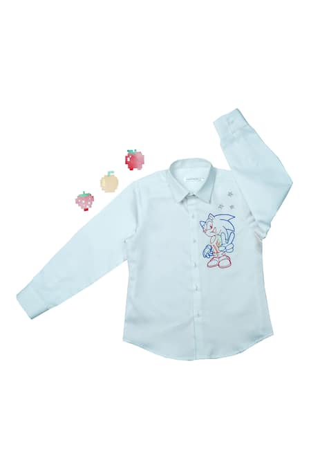 Partykles White 100% Cotton Satin Embroidery Thread And Cut Dana Work Sonic Placement Shirt 